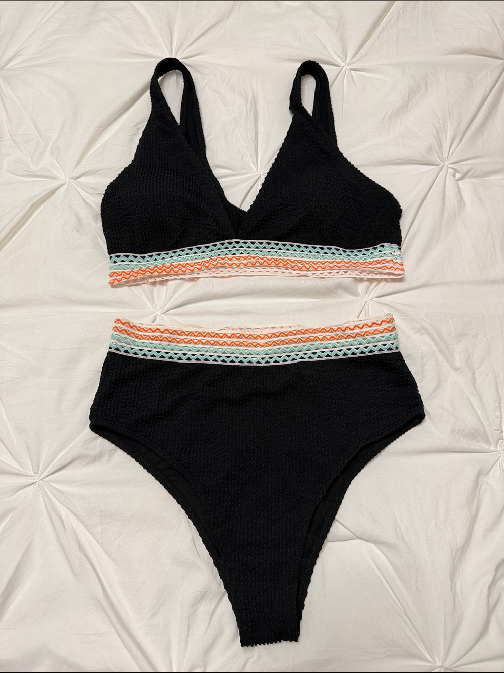 Black Two-Piece Bikini Set with Multicolor Trim